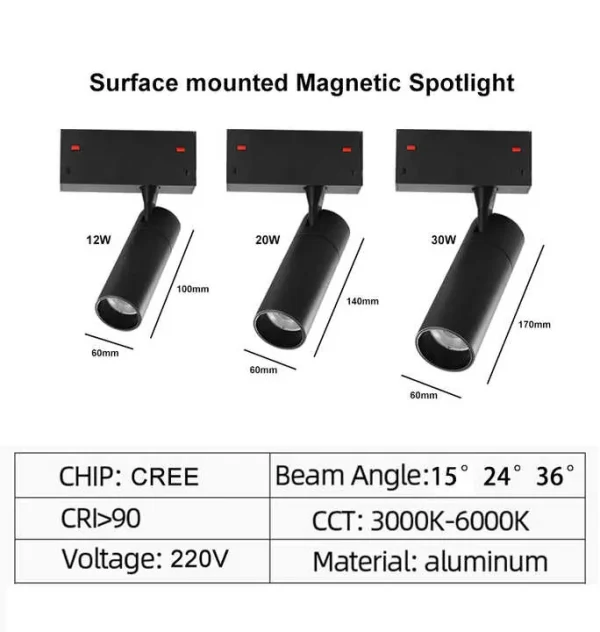 220V 35mm Magnetic Track Lighting System with Dimmable COB LED Spotlights 6063