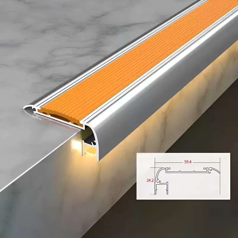 59.4 x 24.2mm Aluminum Stair Nosing With LED Orange Rubber 59.4 x 24.2mm Aluminum Stair Nosing With LED Orange Rubber