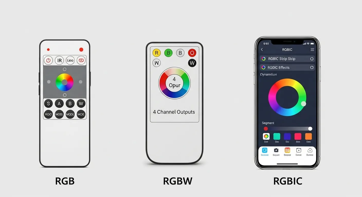 Confronto tra i controller per strisce LED RGB, RGBW e RGBIC.