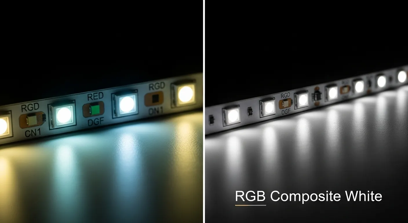 Striscia LED RGB che mostra una luce bianca composita da diodi RGB misti.