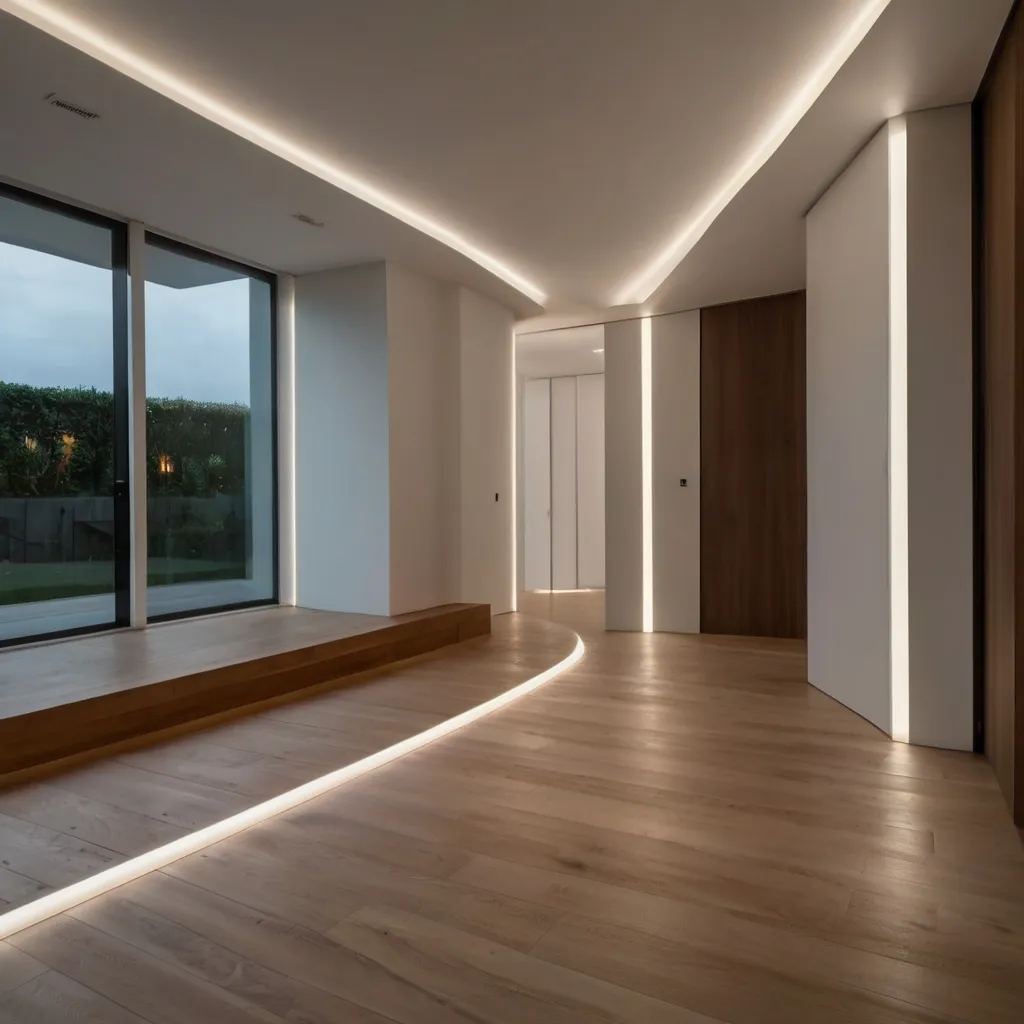 A stunning photo of a living room where LED skirting creates a sophisticated floating wall effect